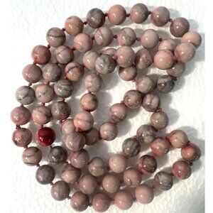 Beaded Necklace Natural Zebra Jasper Pink Gray 32" Knotted Handcrafted OOAK